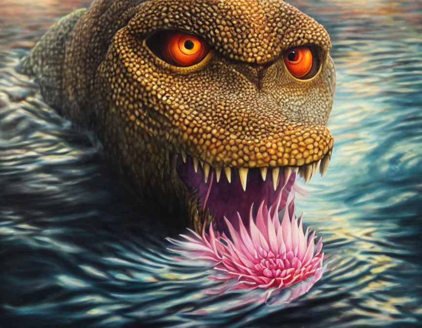 Komodo dragon with orange eyes and tongue near pink flower on water.