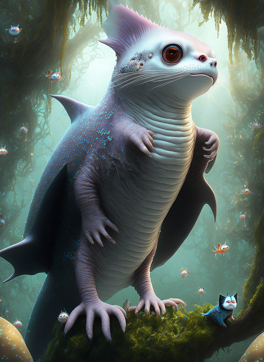 Blue-gray amphibian-like creature in mystical forest with glowing beings