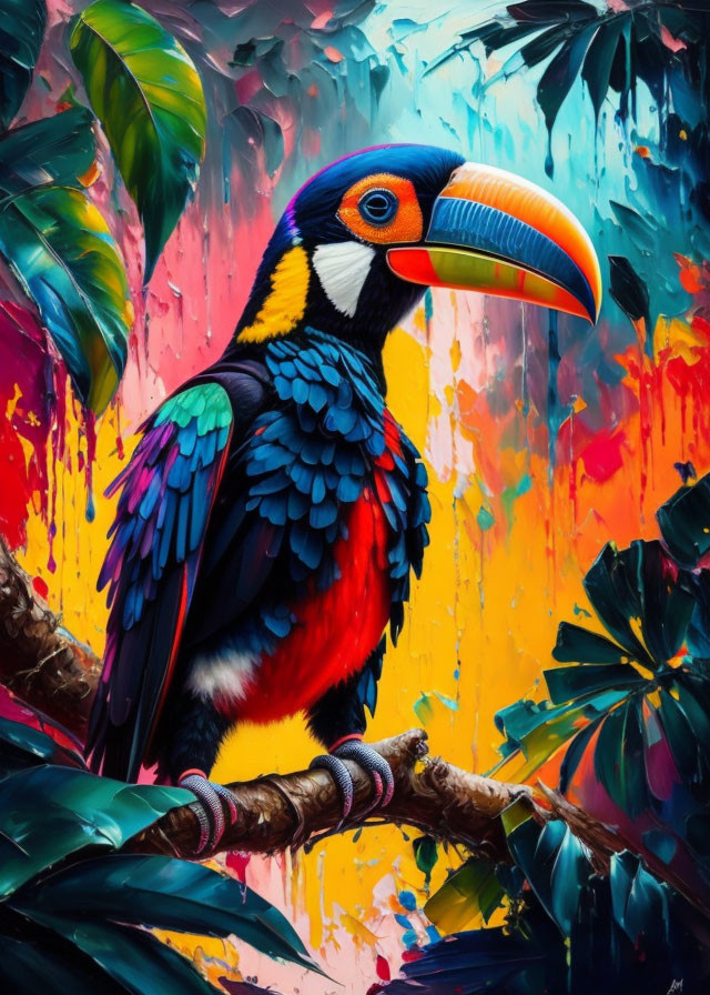 Colorful Toucan Painting on Branch with Rainbow Beak and Tropical Background