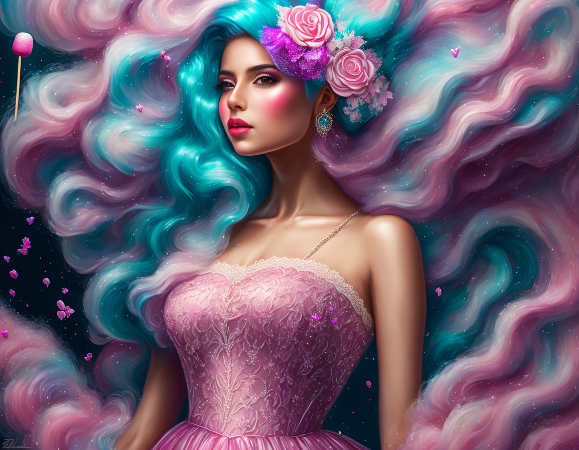 Digital art portrait: Woman with blue and pink hair, flowers, pink dress, cosmic background