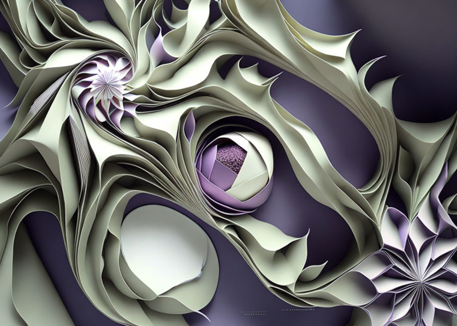 Flowing organic design of abstract fractal art in purple and green swirls