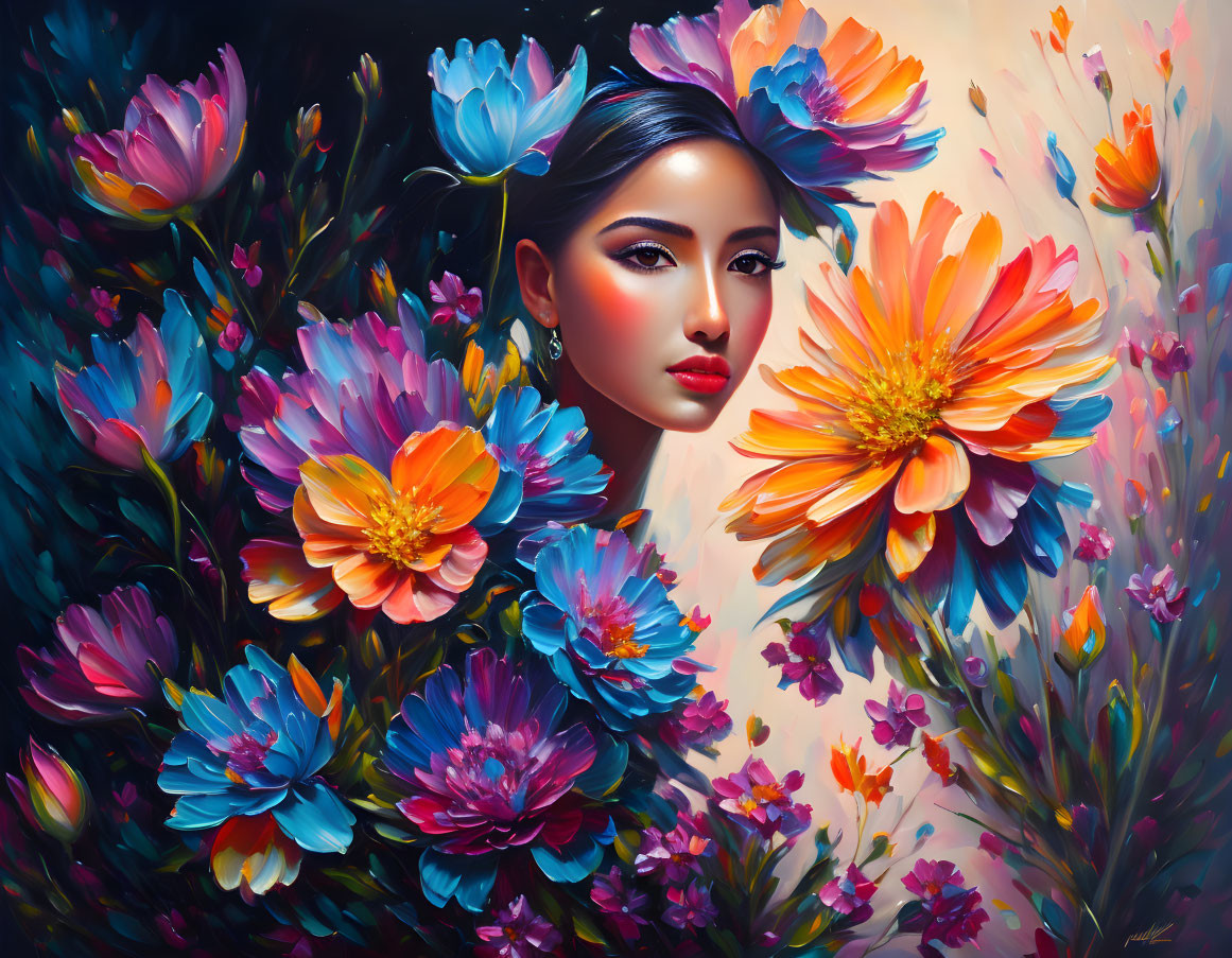 Portrait of woman merged with vibrant flowers: surreal beauty and nature blend