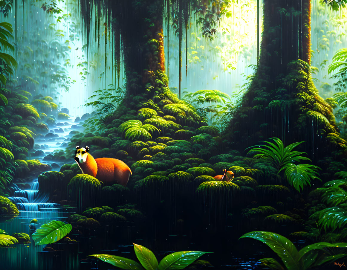 Mystical forest digital art with greenery and red panda