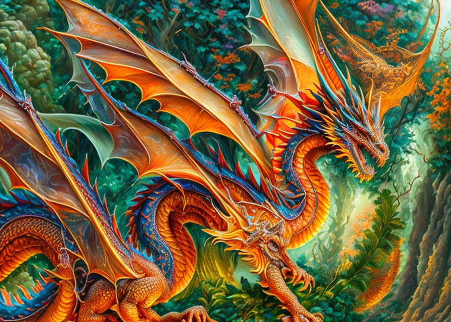 Detailed orange dragon with expansive wings in lush forest setting