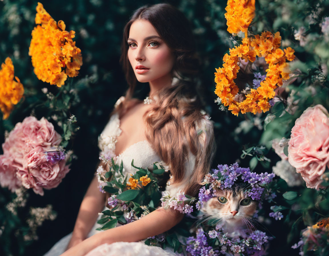 Woman with wavy hair and cat amidst vibrant flowers in fairytale scene