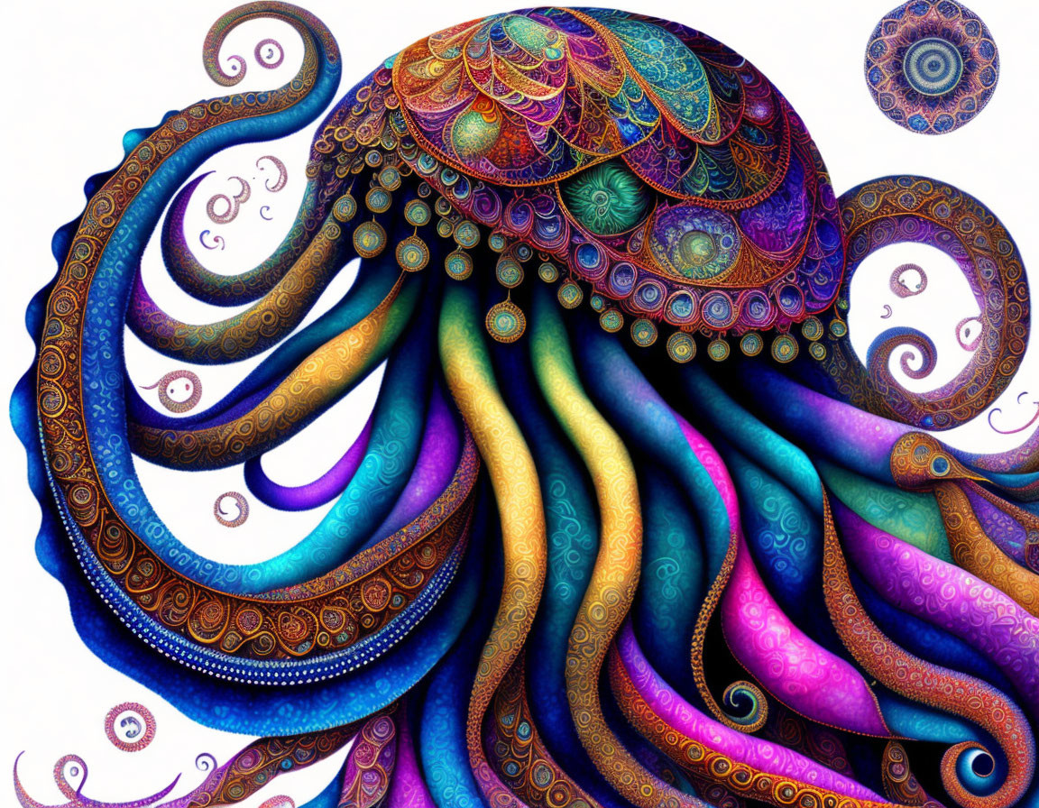 Colorful Octopus Illustration with Swirling Tentacles in Blues and Purples