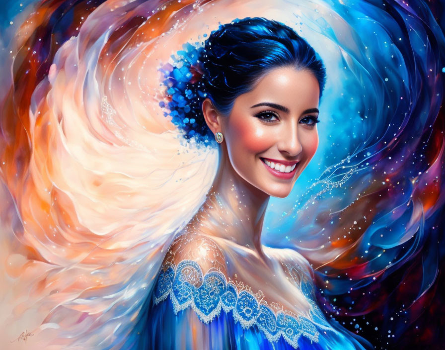 Colorful digital painting of a smiling woman with cosmic patterns.