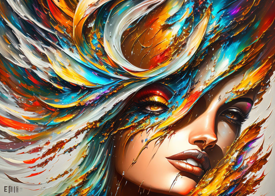 Colorful Digital Painting of Woman with Swirling Hair & Dramatic Makeup