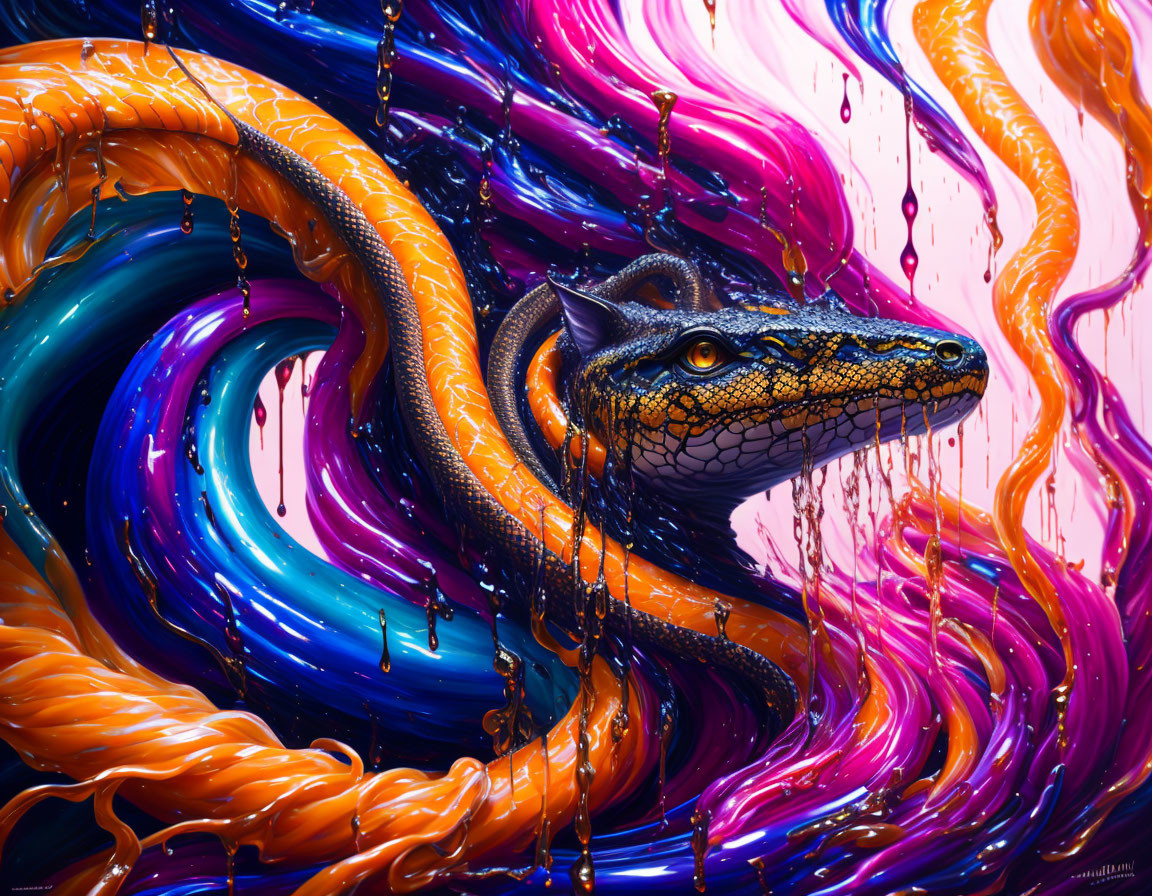 Colorful surreal artwork featuring serpent in blue and orange swirls