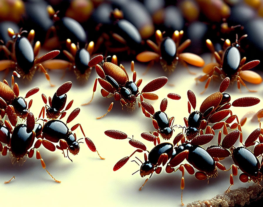 Detailed Close-Up of Shiny Black Ant Colony on Light Surface