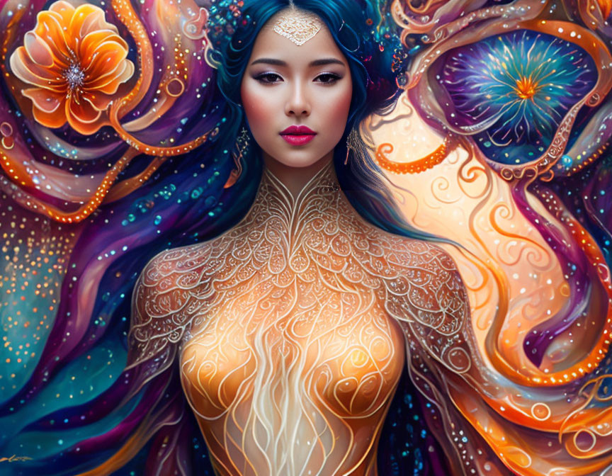 Colorful Asian woman with golden body art among swirling patterns and ornate flowers.
