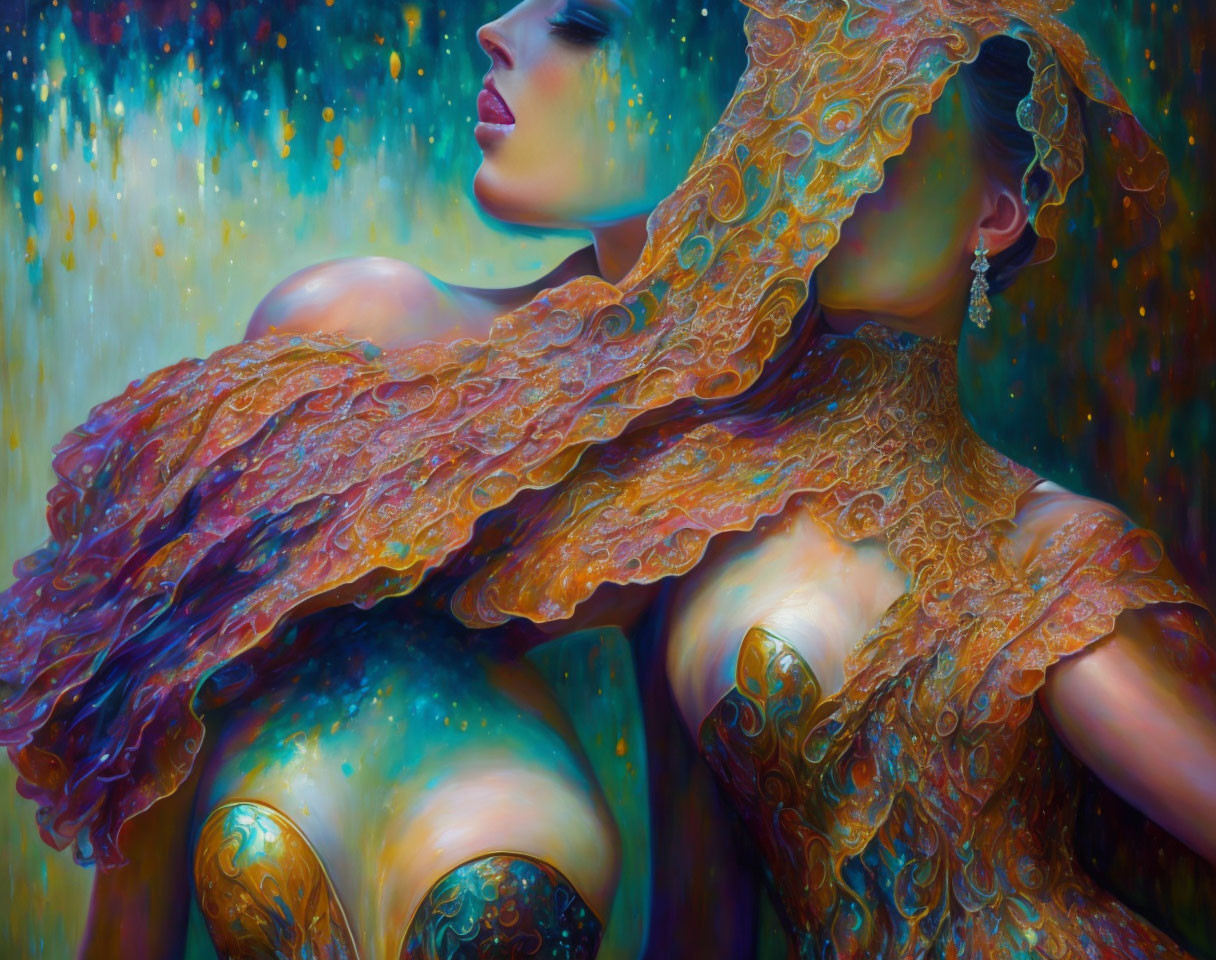 Colorful surreal portrait: Woman in golden shawl with star-like backdrop