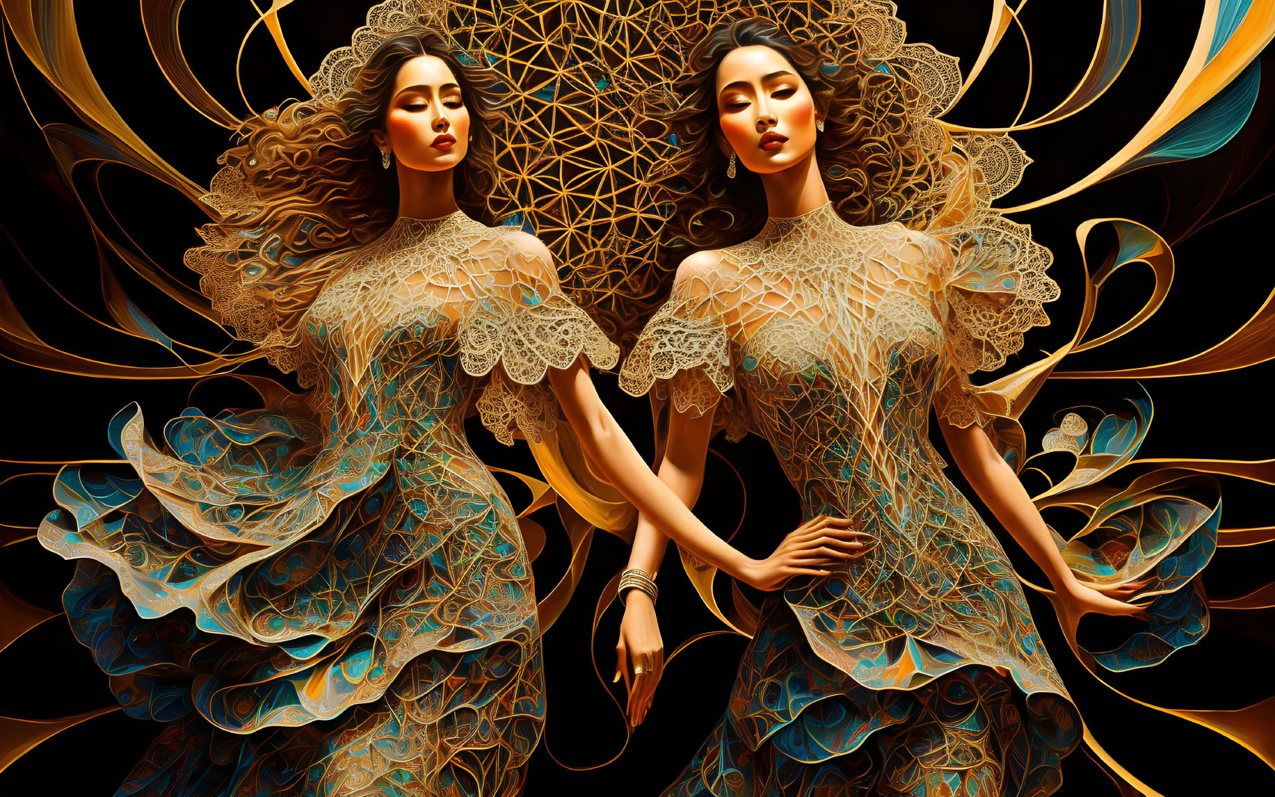 Elaborate twin women digital art in golden dresses