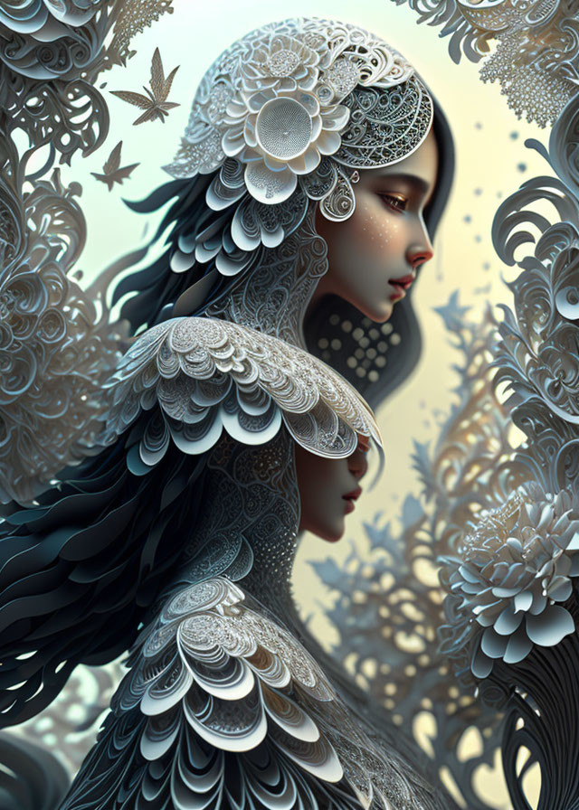 Detailed illustration of mystical woman with ornate lace and feathers in floral setting