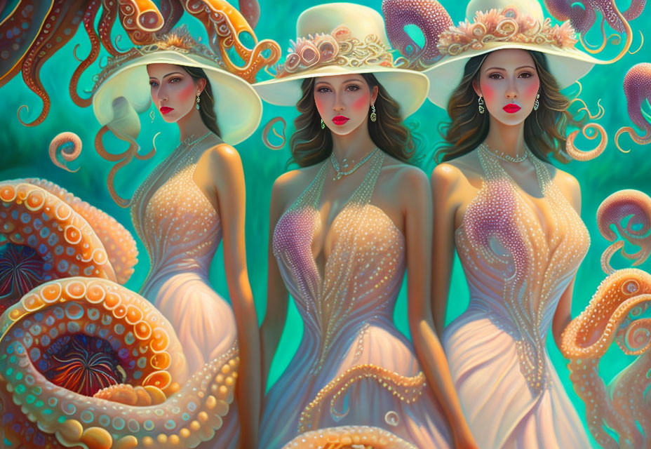 Three Women in Octopus-Themed Attire and Hats in Ethereal Underwater Hues