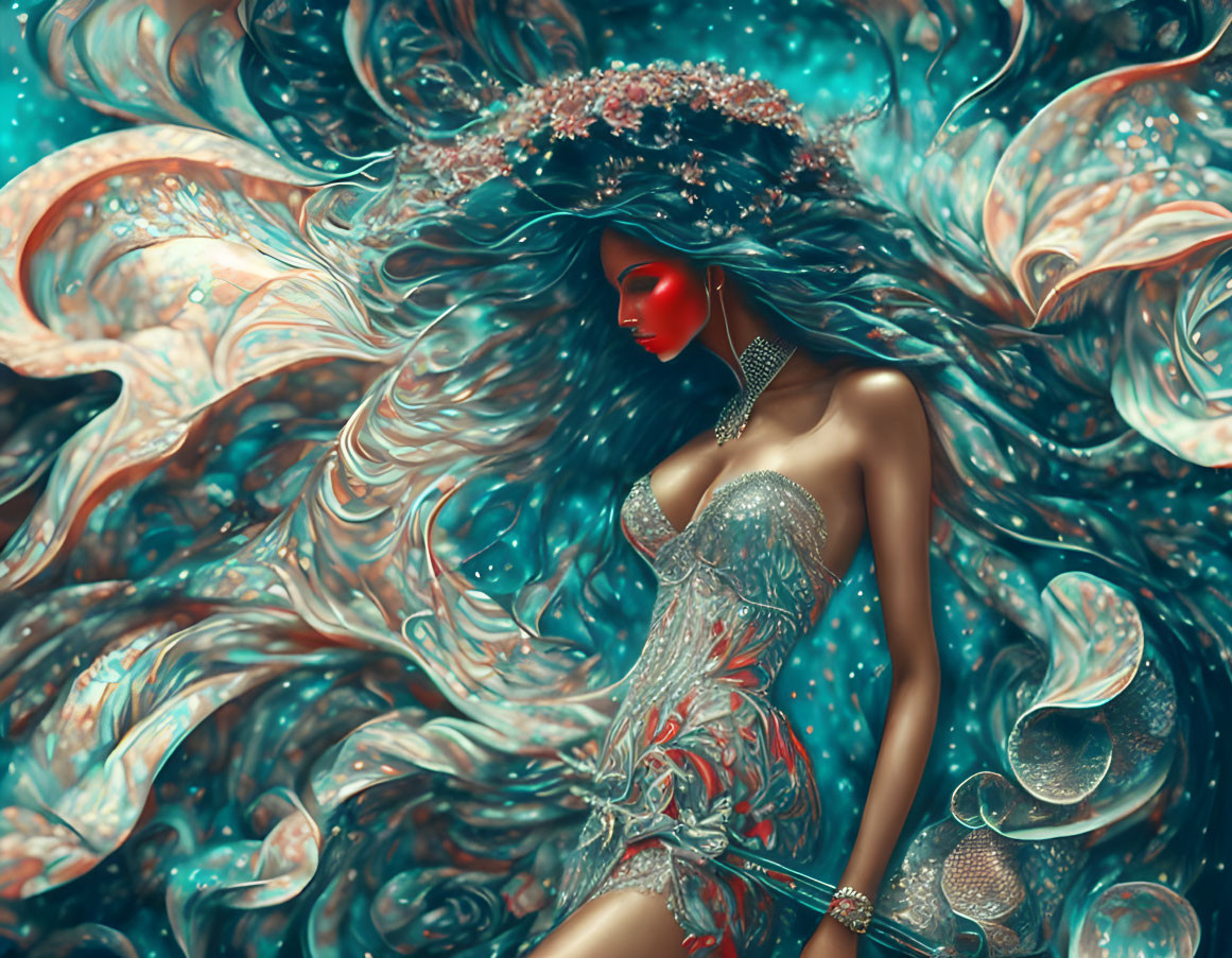 Fantasy illustration: Woman with turquoise hair, red mask, silver dress, crystals.