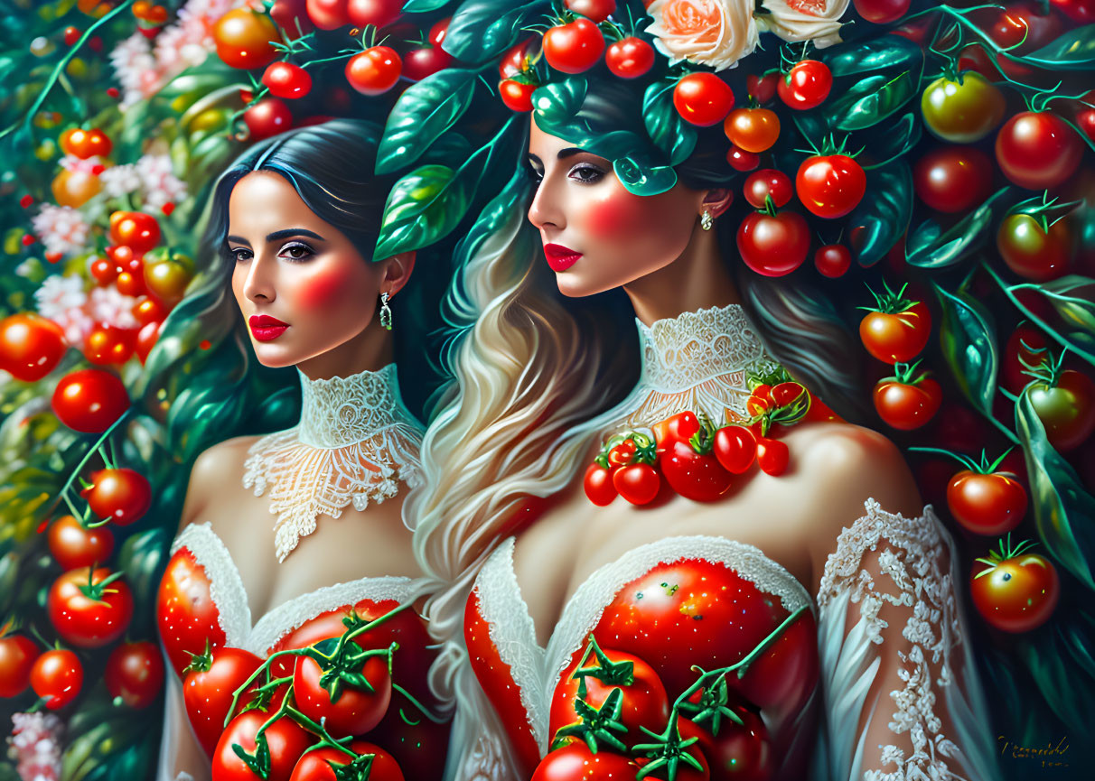 Two women in tomato-themed outfits surrounded by lush greenery and vibrant red tomatoes, with floral elements,