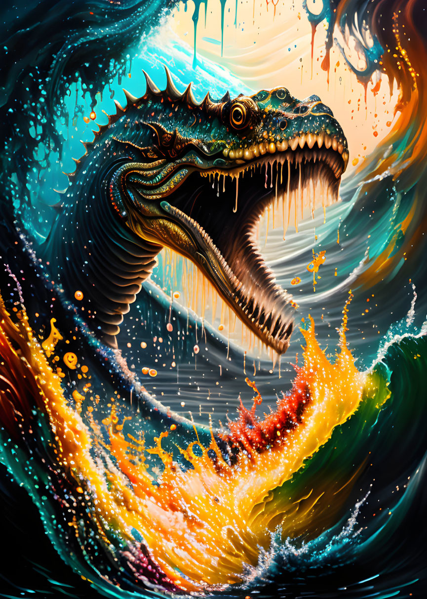 Illustration of mythical dragon in colorful flames and water