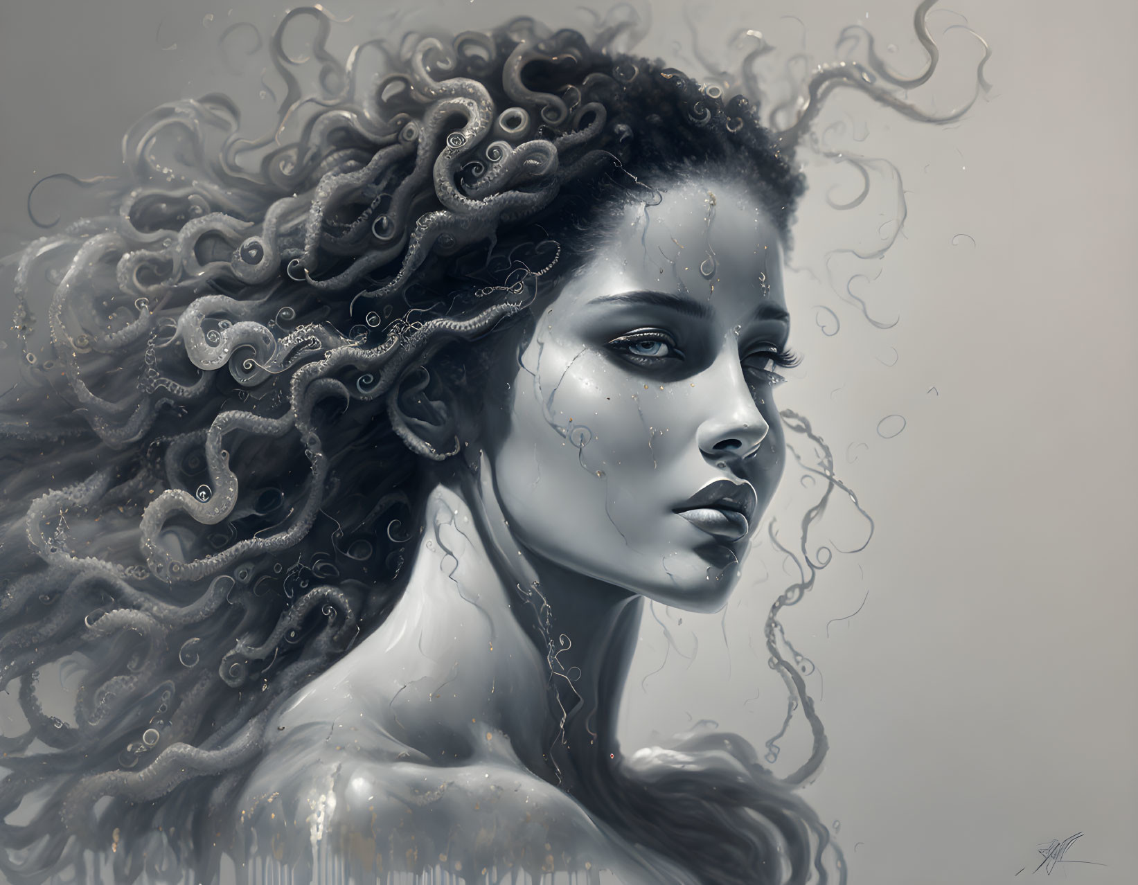 Monochromatic digital art: Woman with flowing, curly hair resembling tentacles, evoking a mythical