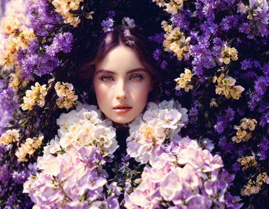 Colorful flowers frame woman's serene face in captivating portrait