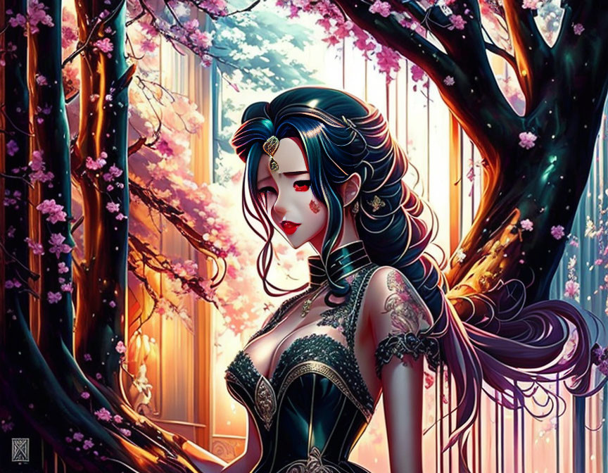Illustrated woman with dark hair in elaborate attire among vibrant, blooming trees