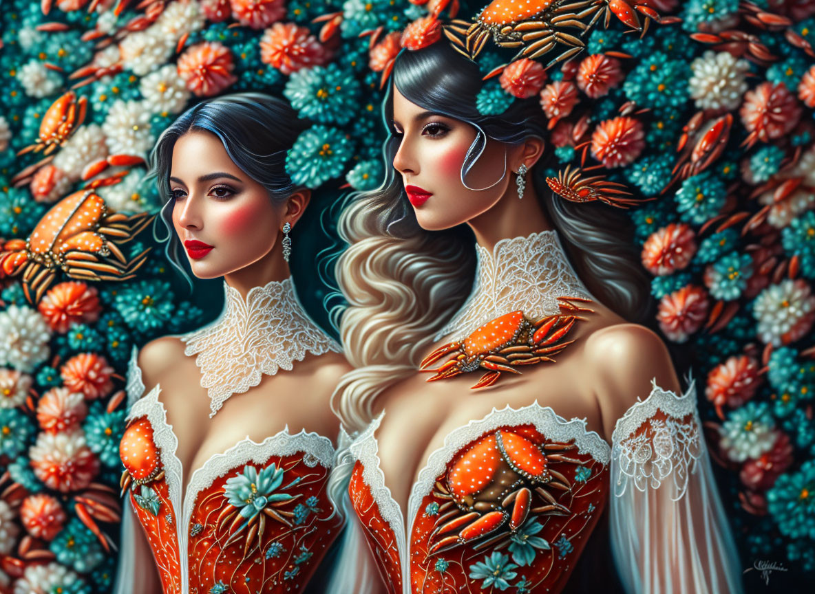 Stylized women in ornate dresses with elaborate hair on floral background