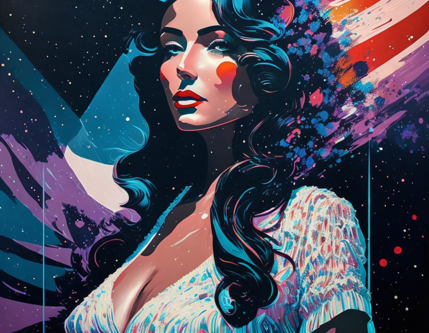 Stylized illustration of woman with long wavy hair on cosmic background