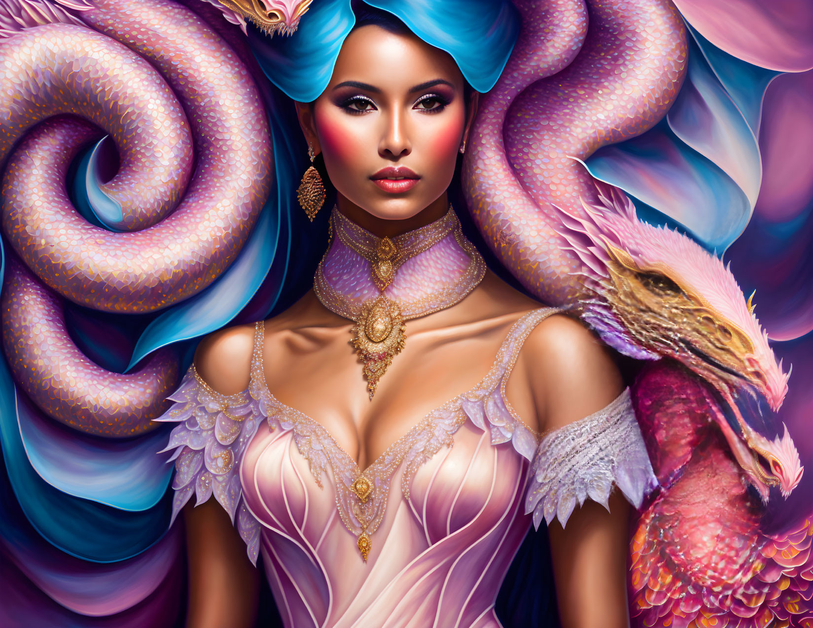 Fantasy digital art: Woman with elaborate makeup and attire, accompanied by colorful dragon creature.