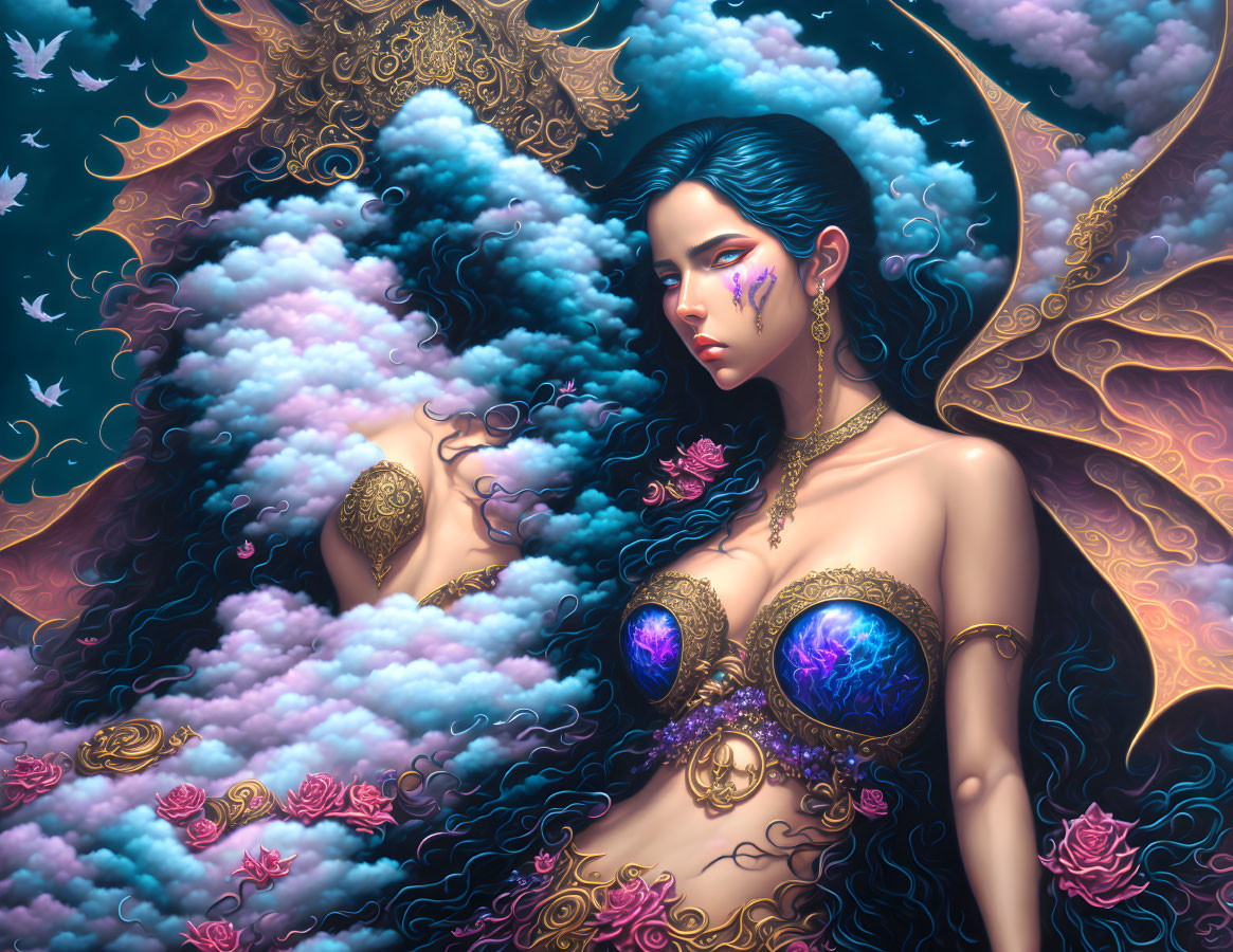 Fantasy illustration: Woman with golden jewelry in cloud and rose setting
