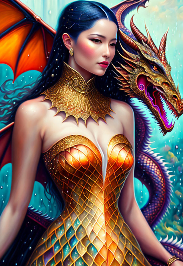 Digital artwork: Woman in dragon-scale armor beside detailed dragon