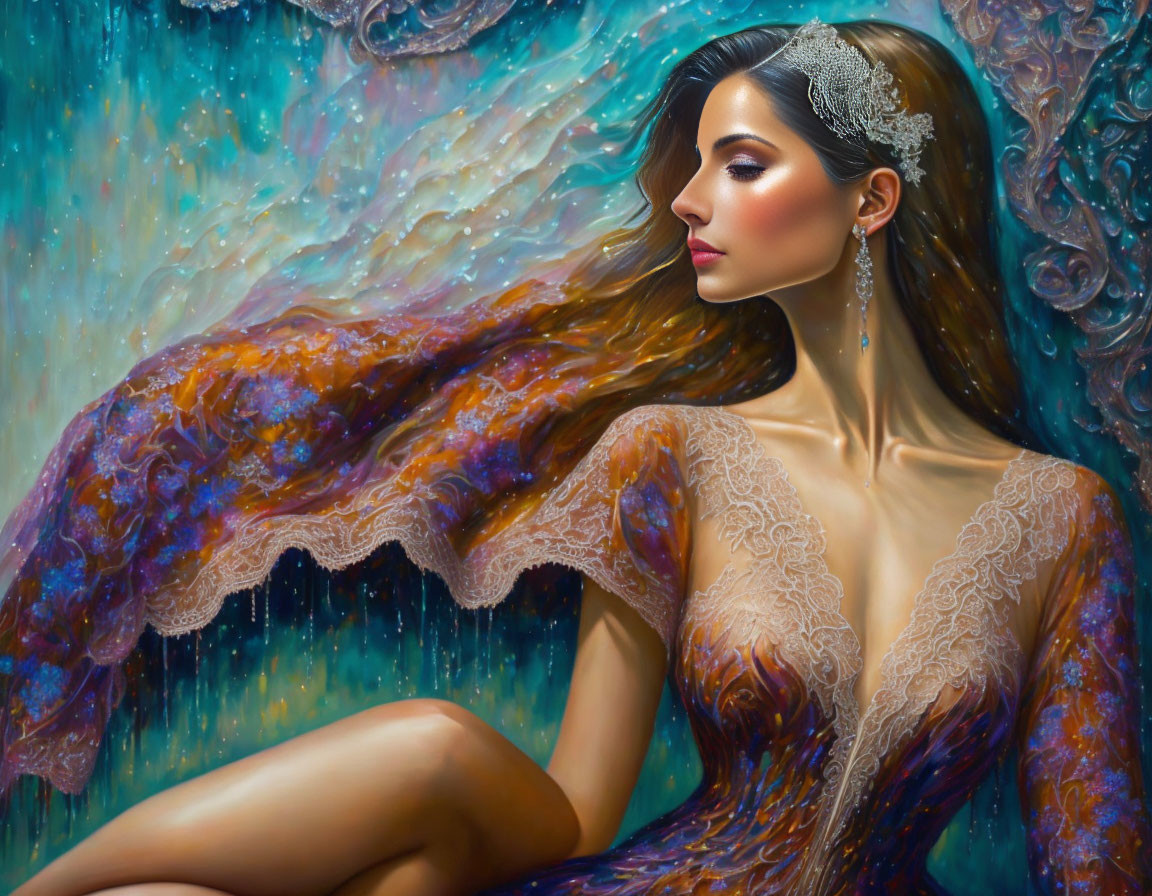 Surreal painting of woman in lace dress with cosmic textures