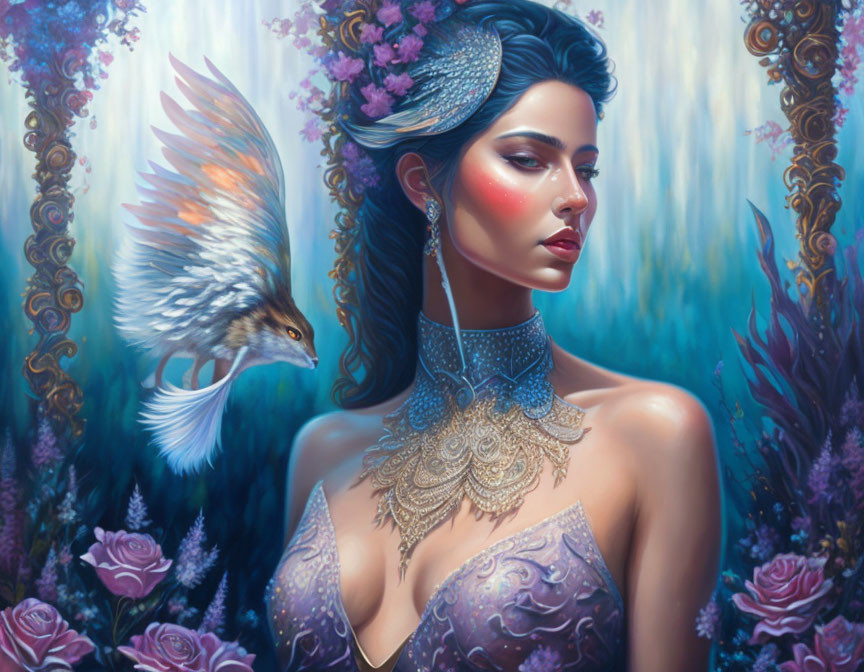 Woman adorned with jewelry and feathered headdress in mystical setting with bird.