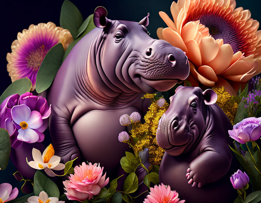 Colorful Hippo Illustration Among Flowers on Dark Background