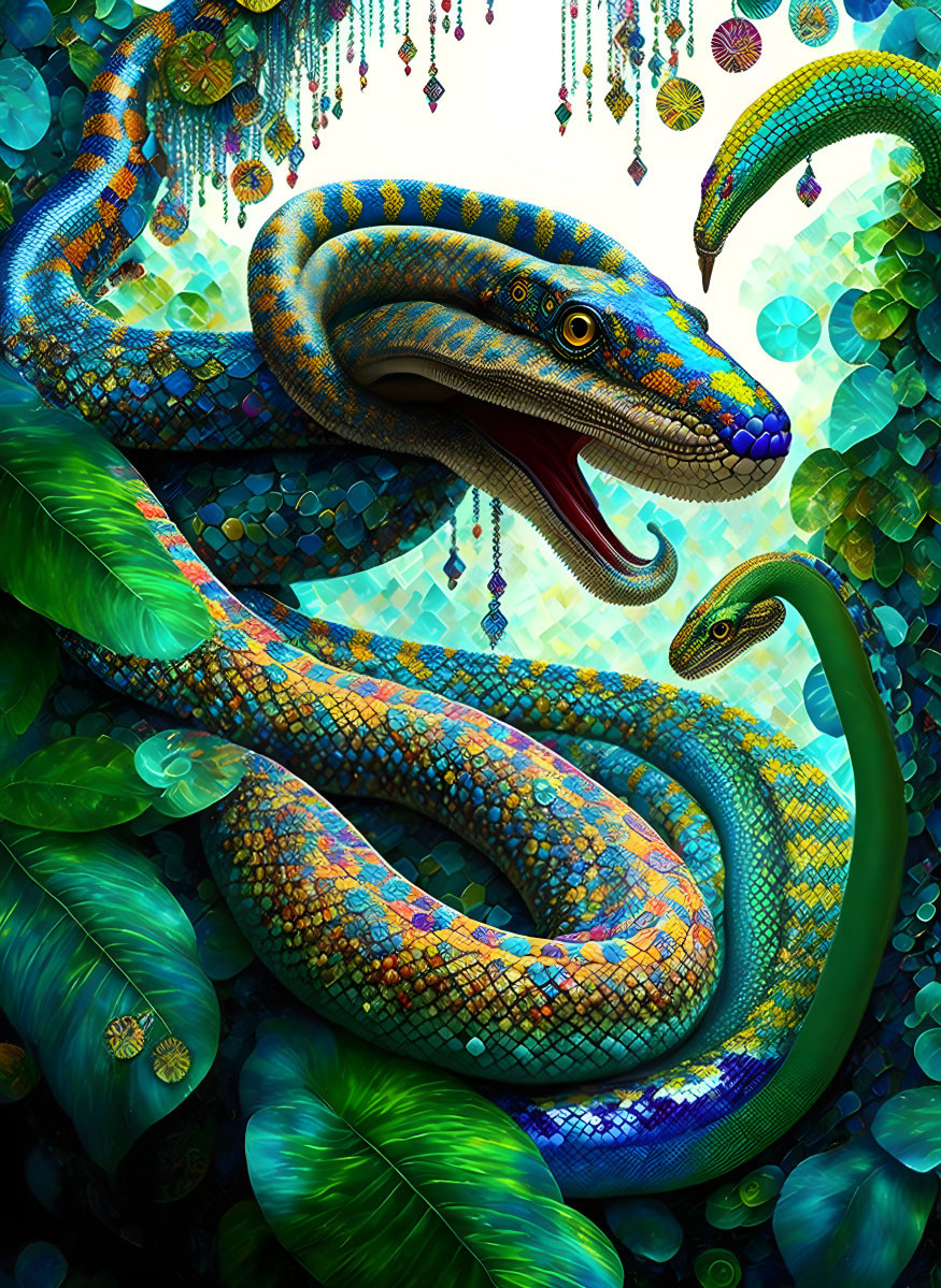 Colorful Artwork: Two Snakes in Lush Greenery