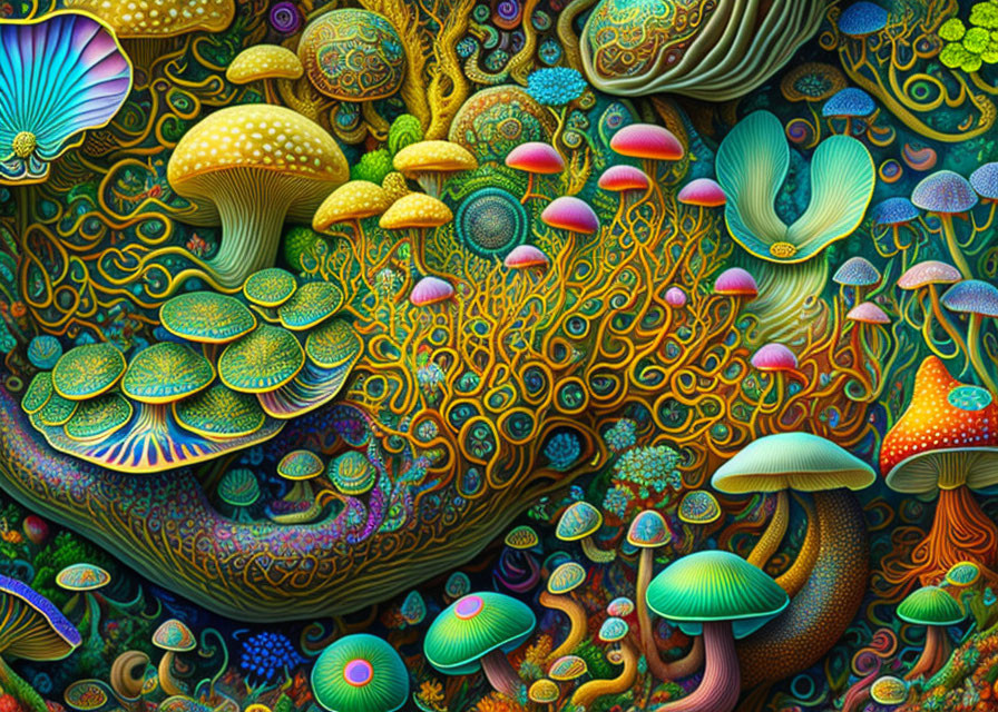 Colorful Psychedelic Mushroom and Plant Artwork with Detailed Textures