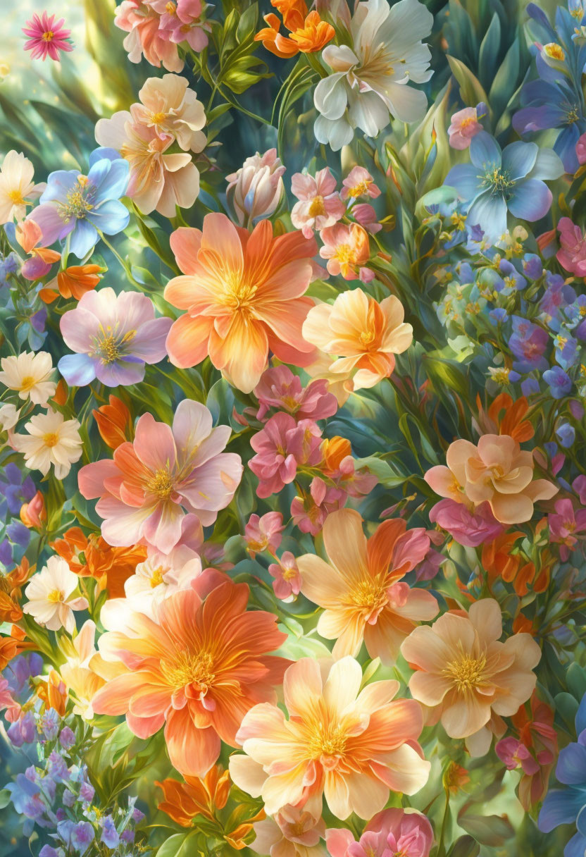 Colorful blooming flowers in shades of orange, pink, and blue with vibrant petals and lush green