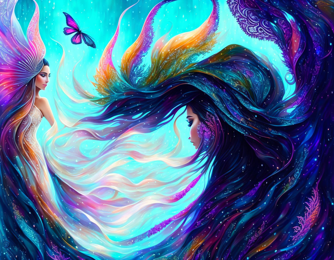 Dual Women with Flowing Hair in Cosmic Setting with Butterflies