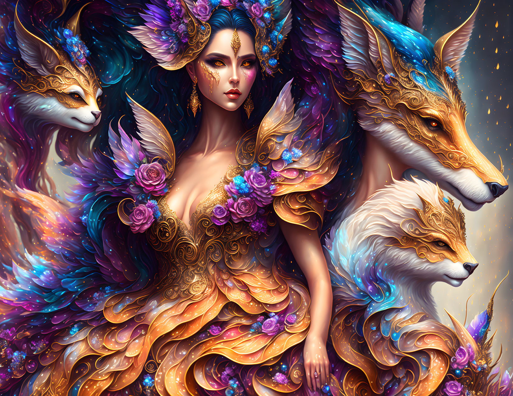 Ethereal woman with fox-like creatures in cosmic setting