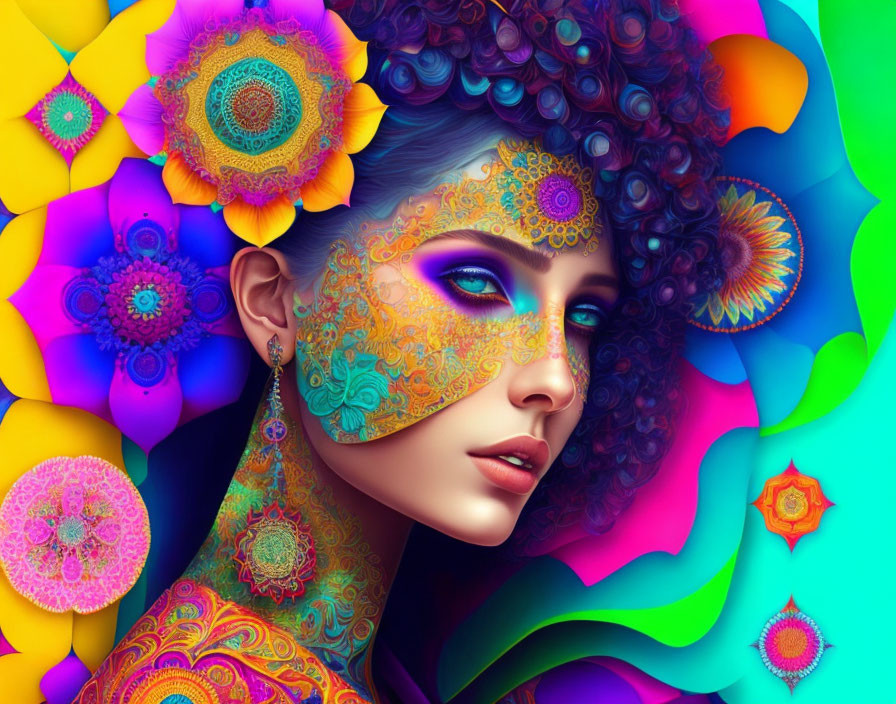 Colorful digital artwork: Woman with psychedelic patterns & mandalas