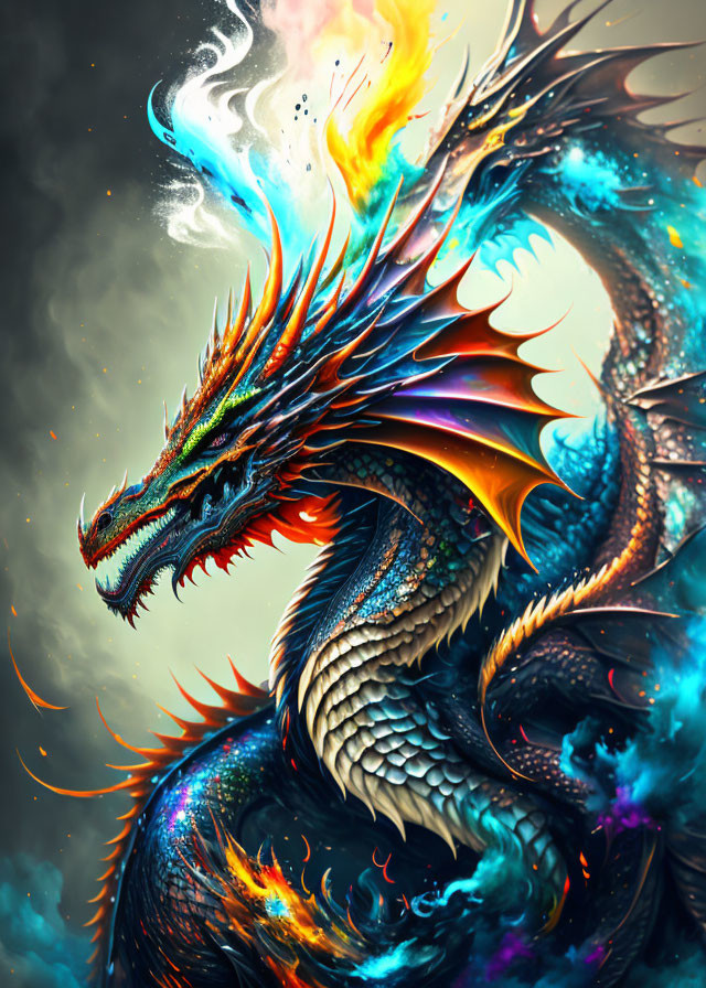 Colorful Dragon Breathing Fire on Grey Background