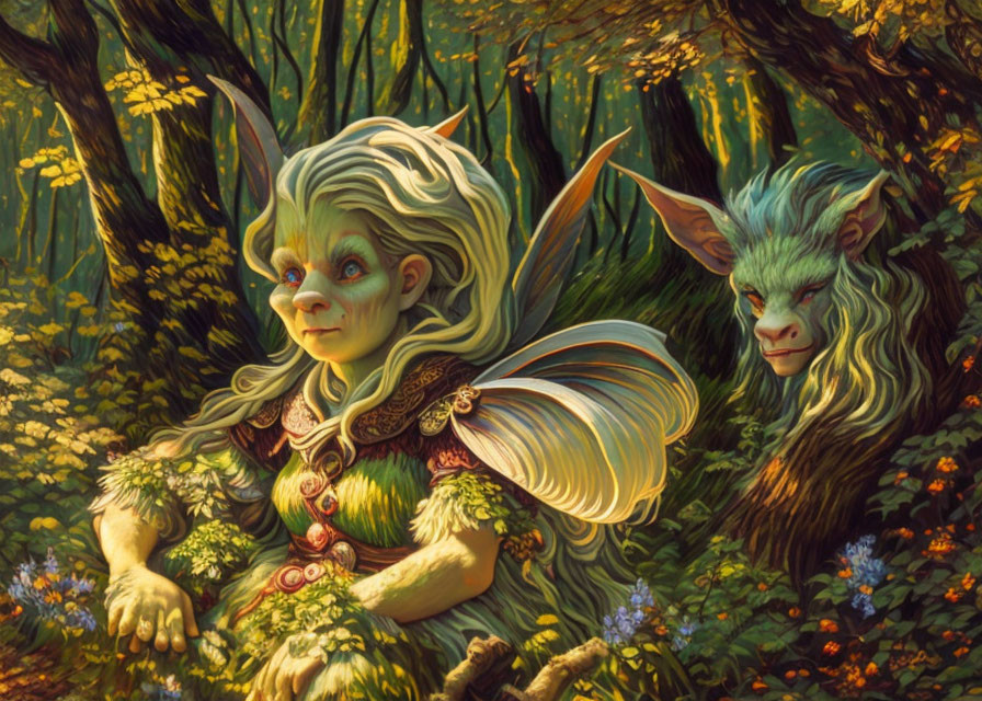 Fantasy creatures with pointed ears and wings in sunlit forest