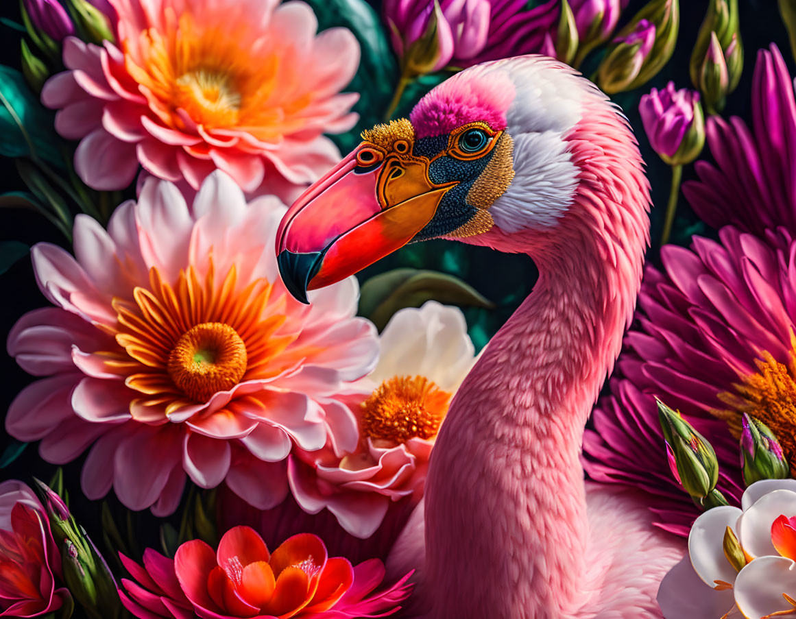 Colorful Flamingo Head with Flowers on Dark Background