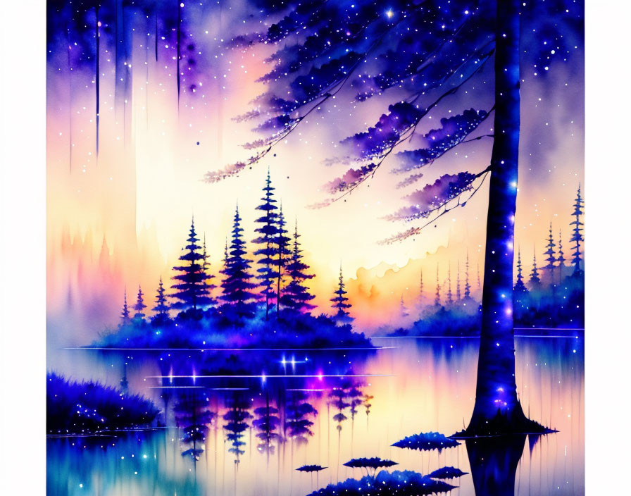 Twilight watercolor painting with pine trees, lake, aurora borealis, stars