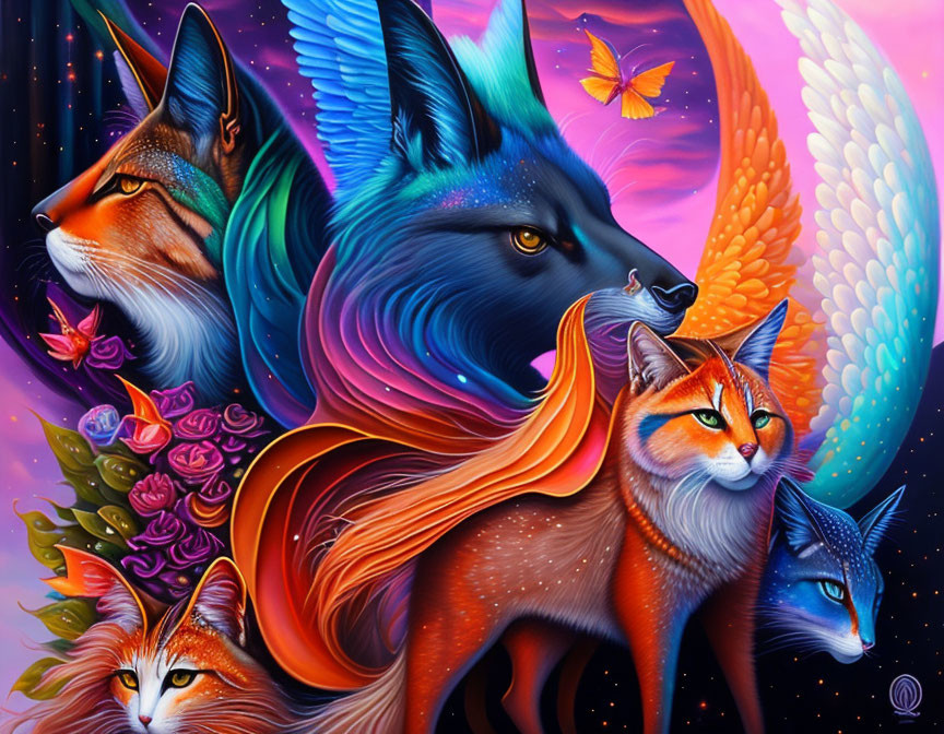 Colorful Wildlife and Floral Artwork with Wolf, Foxes, and Feline