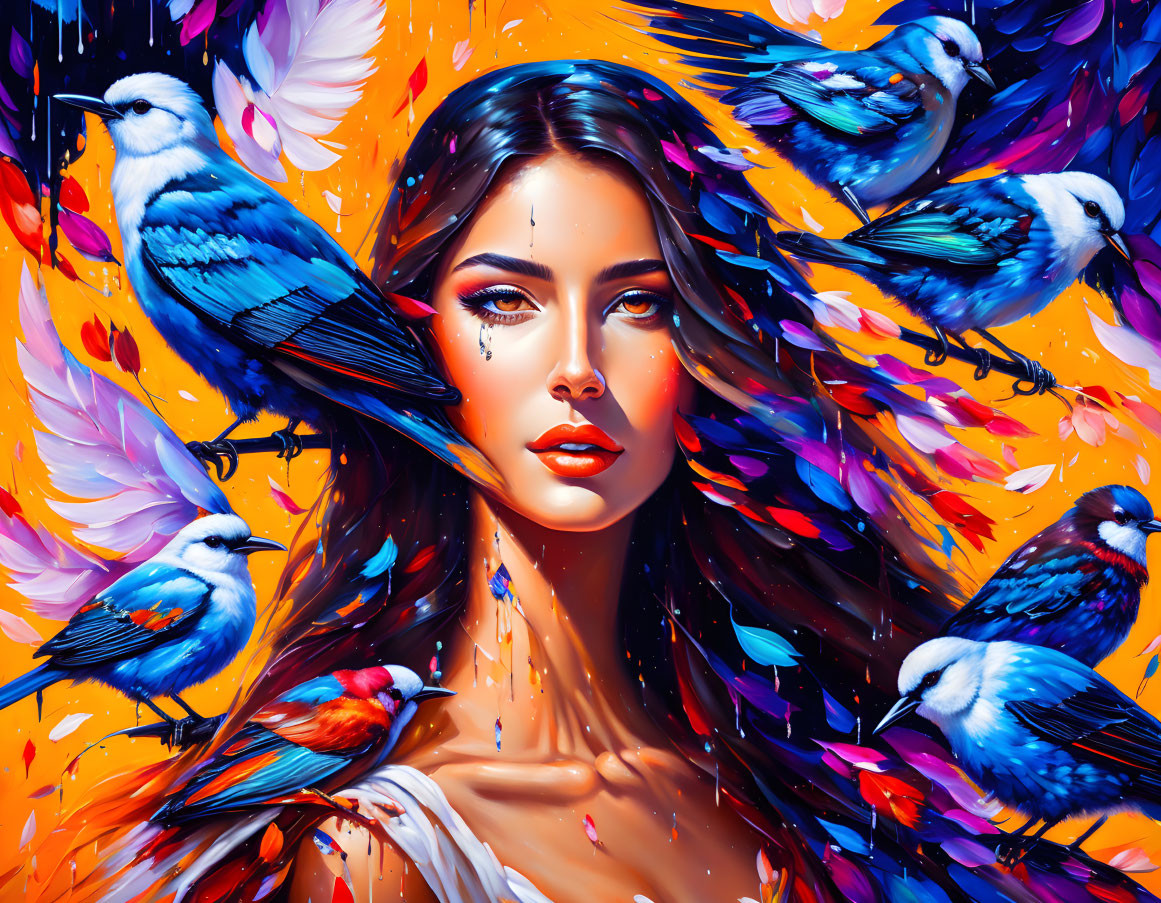 Colorful digital artwork: Woman with birds in blue, orange, and purple.