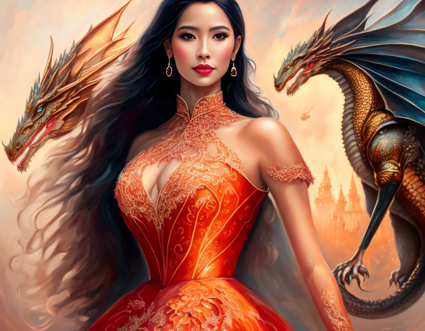 Woman in red dress with dragons by castle under warm sky