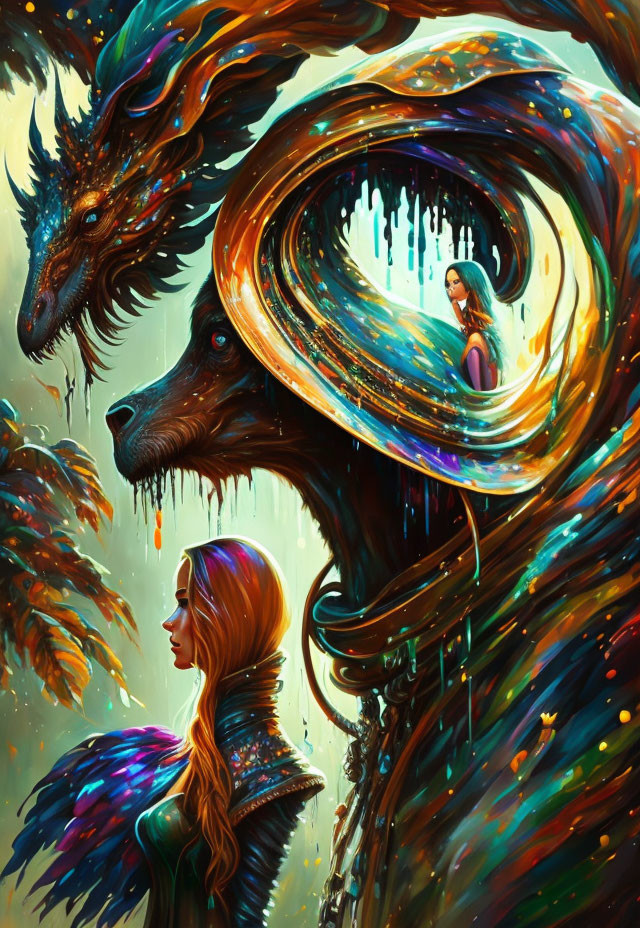 Colorful fantasy artwork: Woman with swirling dragon-like creatures