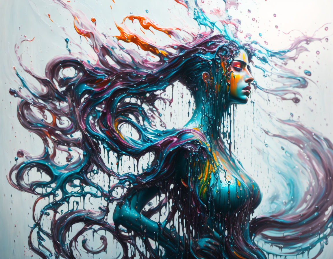 Vibrant liquid splashes blend with woman's flowing hair