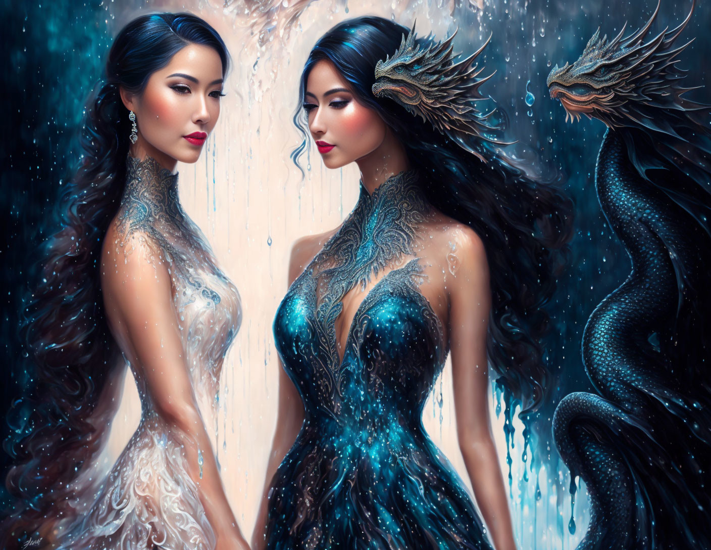 Dual women in elegant dresses with dragon-like creatures