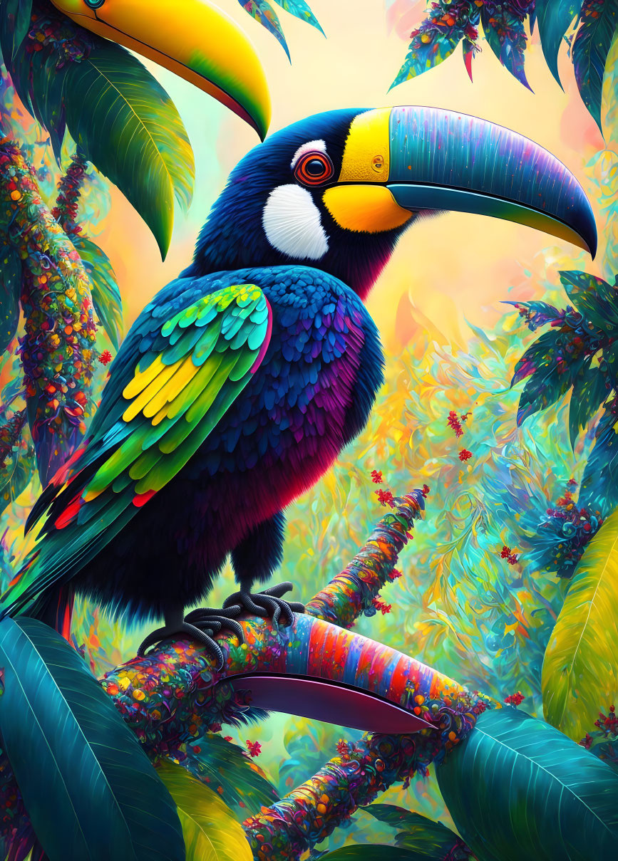 Colorful Toucan Illustration Perched on Branch Among Lush Foliage